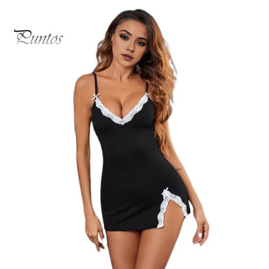 

2 шт./комплект, женская летняя ночная рубашка, трусики, комплект, бретельки на бретельках, без рукавов, бант, кружевной декор, V-образный вырез, разрез, подол, ночная рубашка, женская ночная рубашка XL чёрный