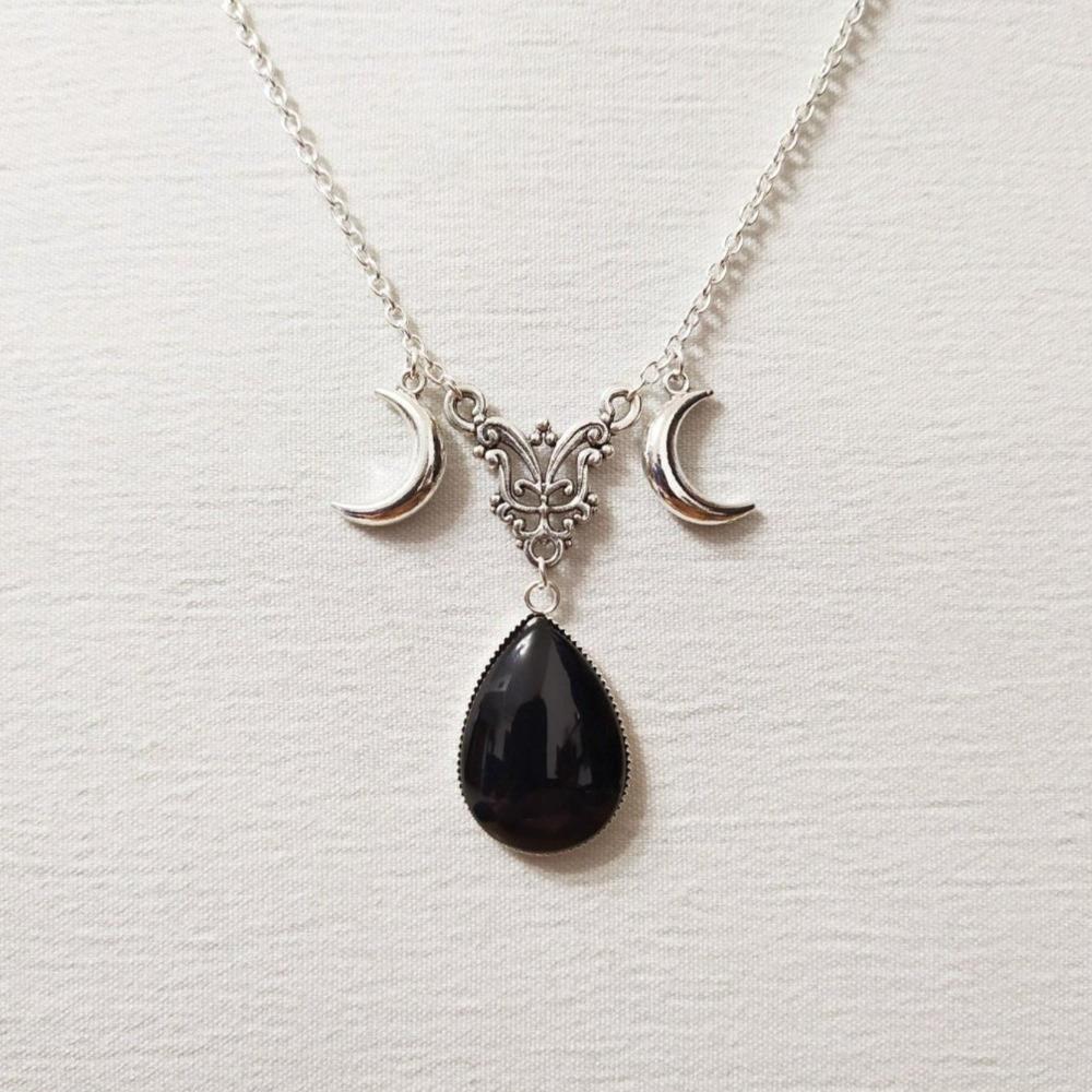 Gothic Sliver Color Triple Moon Goddess Black Glass Crystal Water Drop Pendant Necklace for Women Hallowmas Amulet Jewelry Gifts