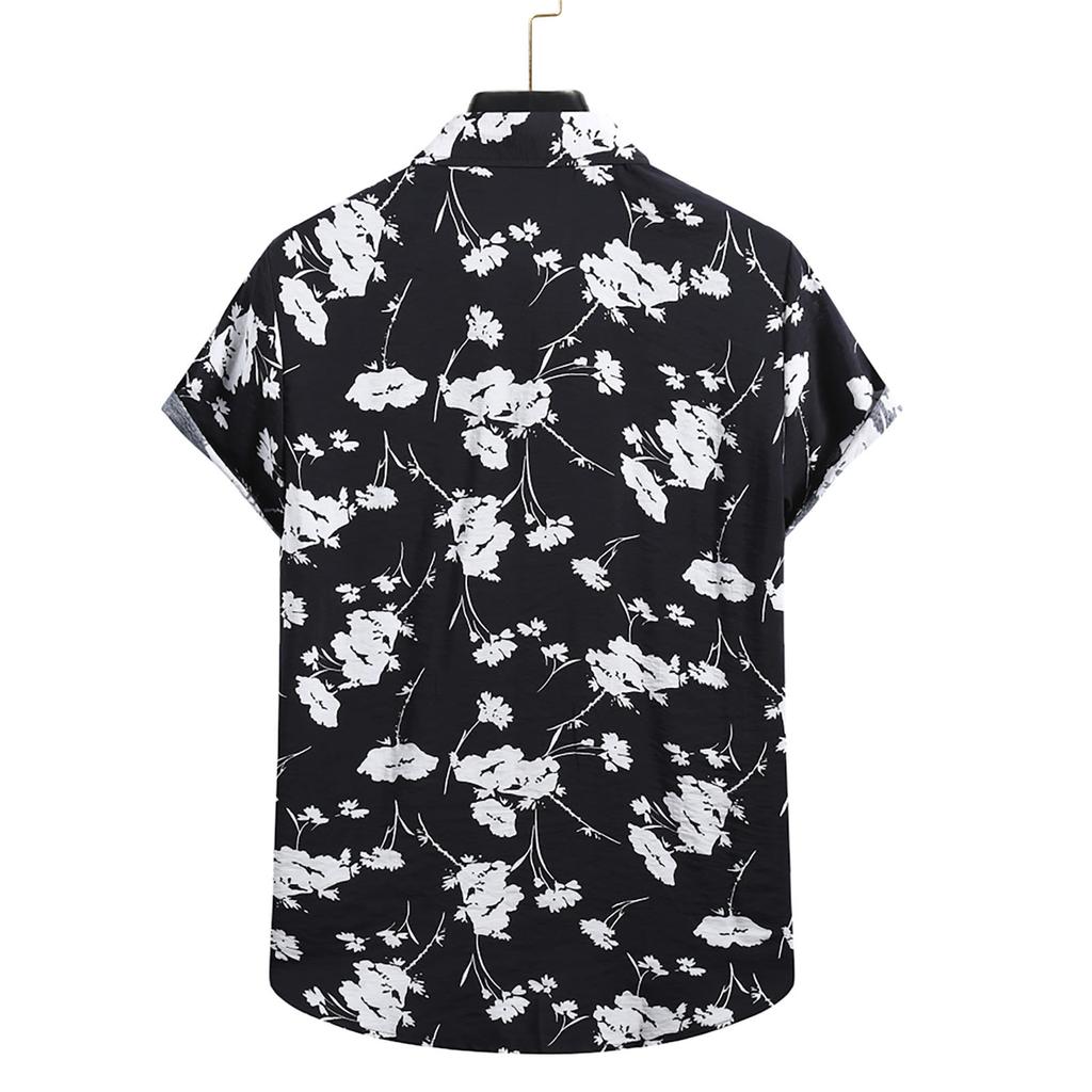 Men's Fashion Cotton Linen Print Short Sleeve Button Shirt Blouse Top