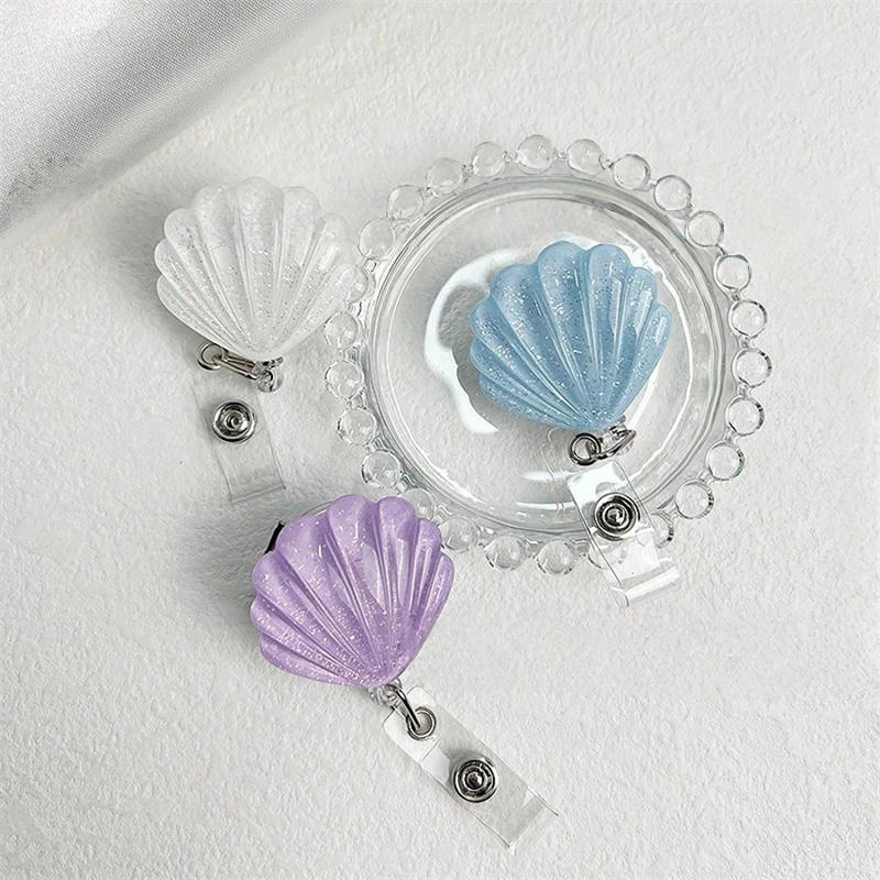 Glitter Seashell Badge Reel Retractable ID Card Badge Holder Name Tag Work Alligator Clip for Teachers Office Staff Nurses