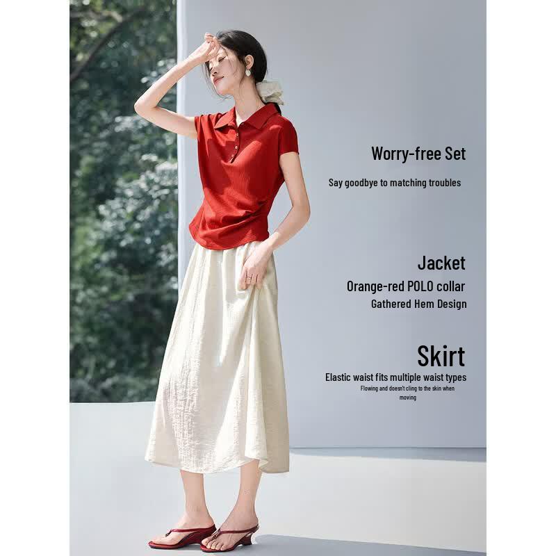Polo Collar Linen Blend T-Shirt & Skirt Set