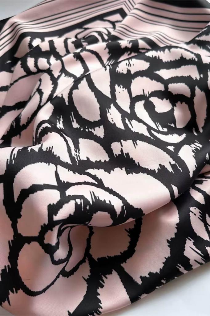 Women' Scarf 90X90 "Black Camellias on Powder Pink" - Elegant Floral Scarf, Imitation Silk