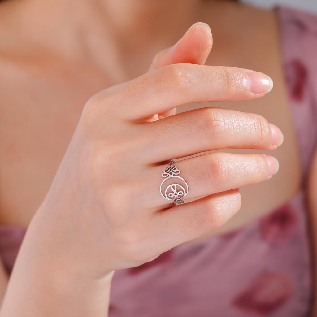 LIKGREAT Stainless Steel Hollow Moon Ring Silver Color Unalome Symbol Finger Rings Amulet Jewelry Gift for Women Men Accessories