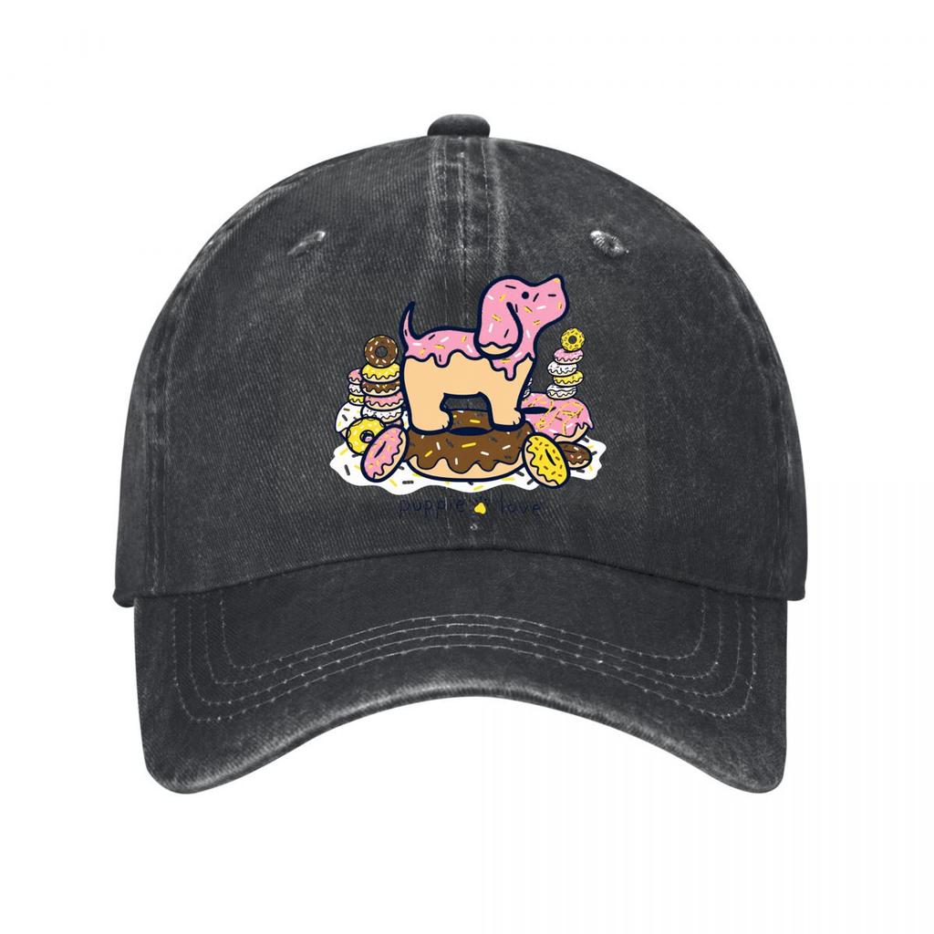 Puppie Love Dog Donut Dessert Pink Graphic Washed Baseball Cap Outdoor For Womens Unisex FeUnisex