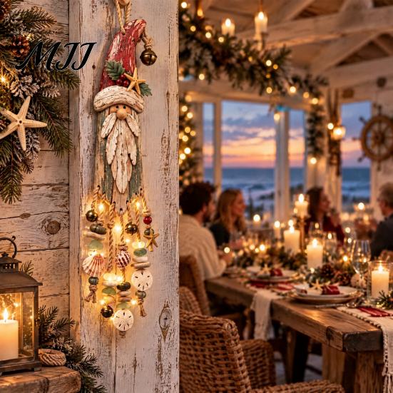 Coastal Style Christmas Window Light Santa Wooden Wall Hanging, LED Lighted Ornament with Rustic Ocean Flair Holiday Seashell, Starfish &