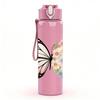 1PC Floral White Butterfly Print 750ml Color Plastic Sports Water Bottle Leakproof Flip Straw Lid Suitable for Sports Office Home Use