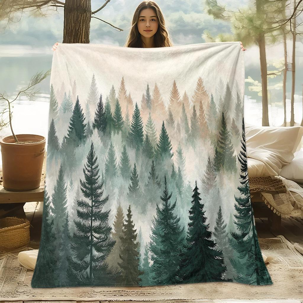 1pc Forest Morning Mist Digital Print Blanket, Suitable for All Seasons, Sofa Throw, Soft and Comfortable 100% Polyester Fiber,