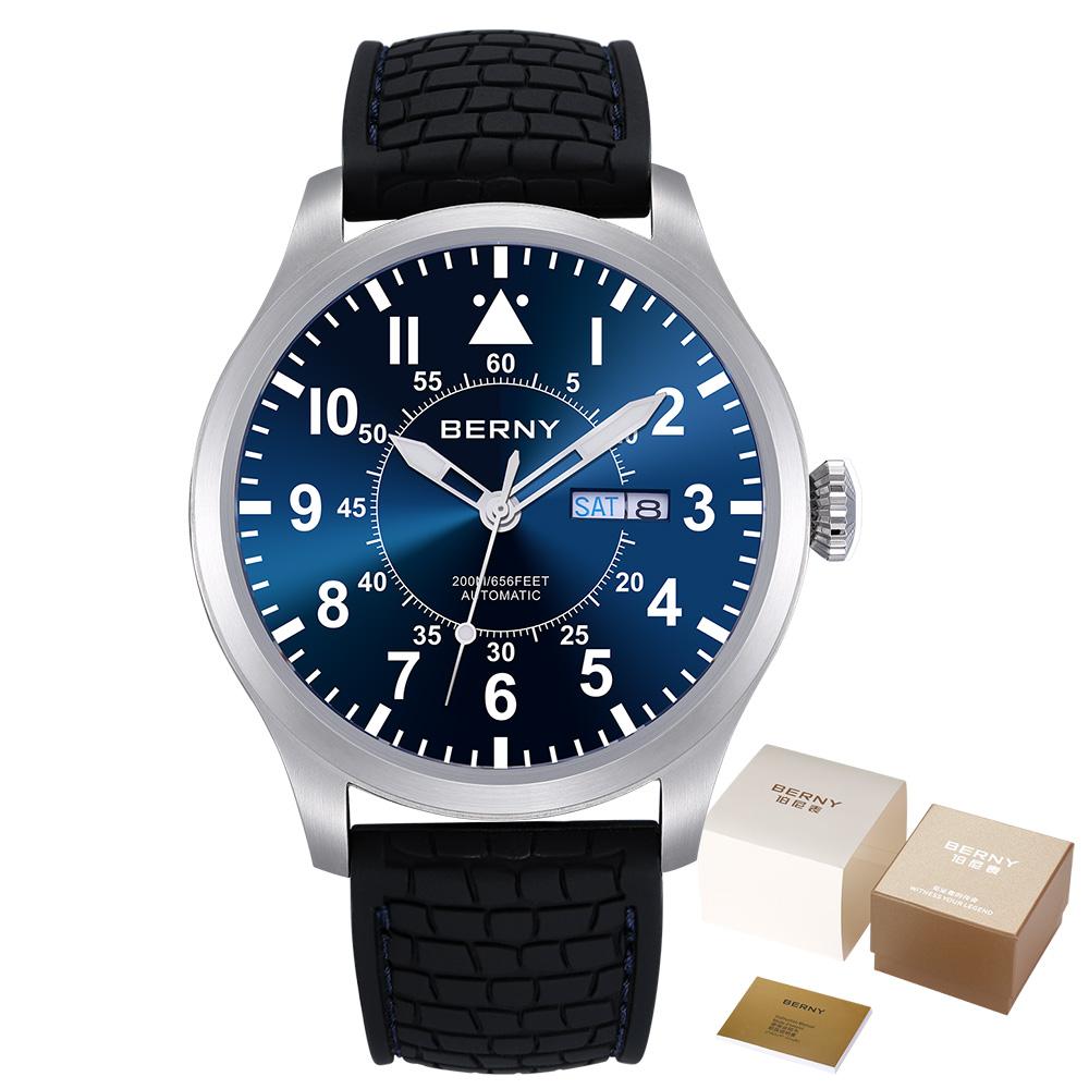 BERNY Automatic Aviation Men's Watch 100% Original Top Sapphire Luminous Big Size Diver Watch 200M Top Mechanical Watch for Men