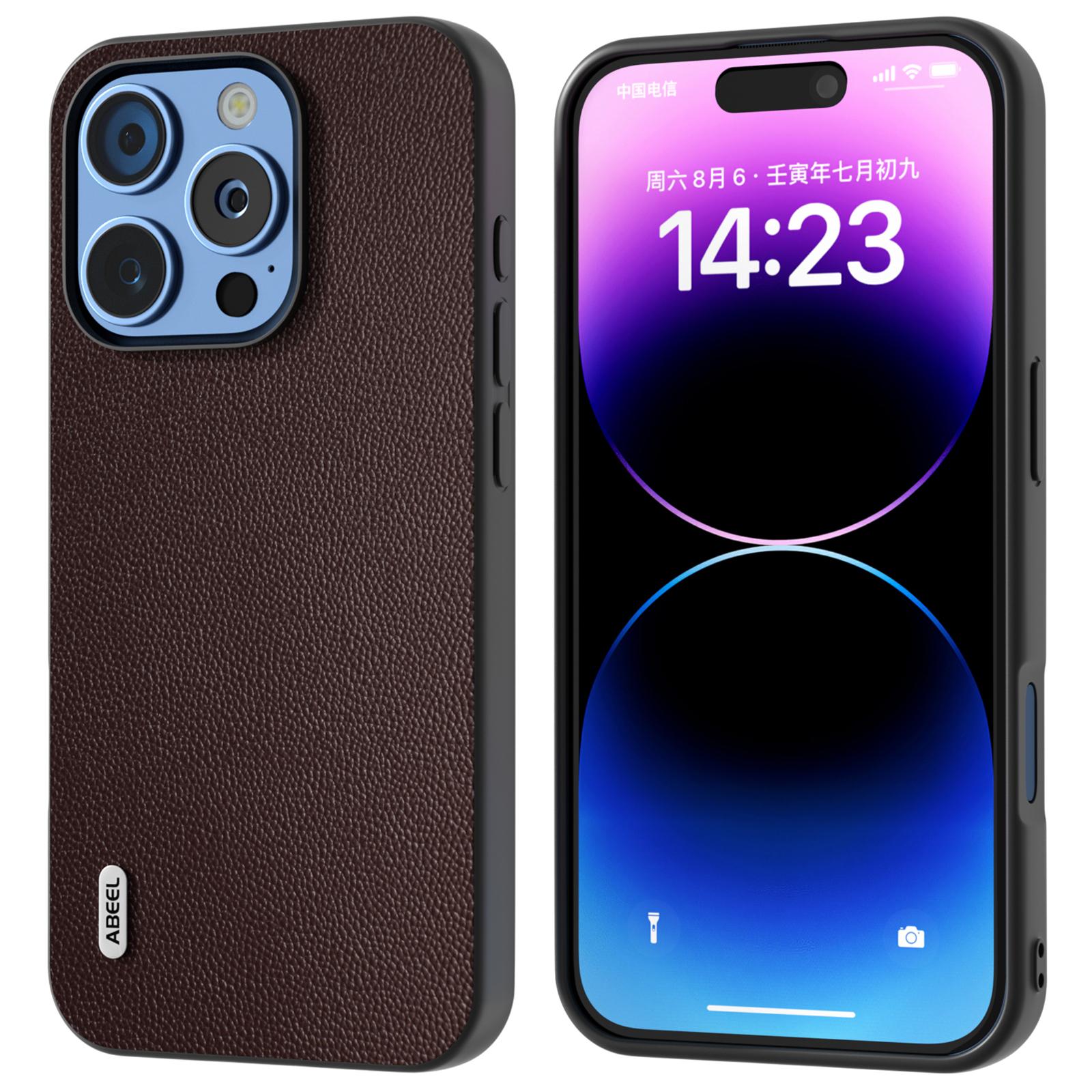 ABEEL For iPhone 16 Pro Case Genuine Cow Leather PC Phone Cover B