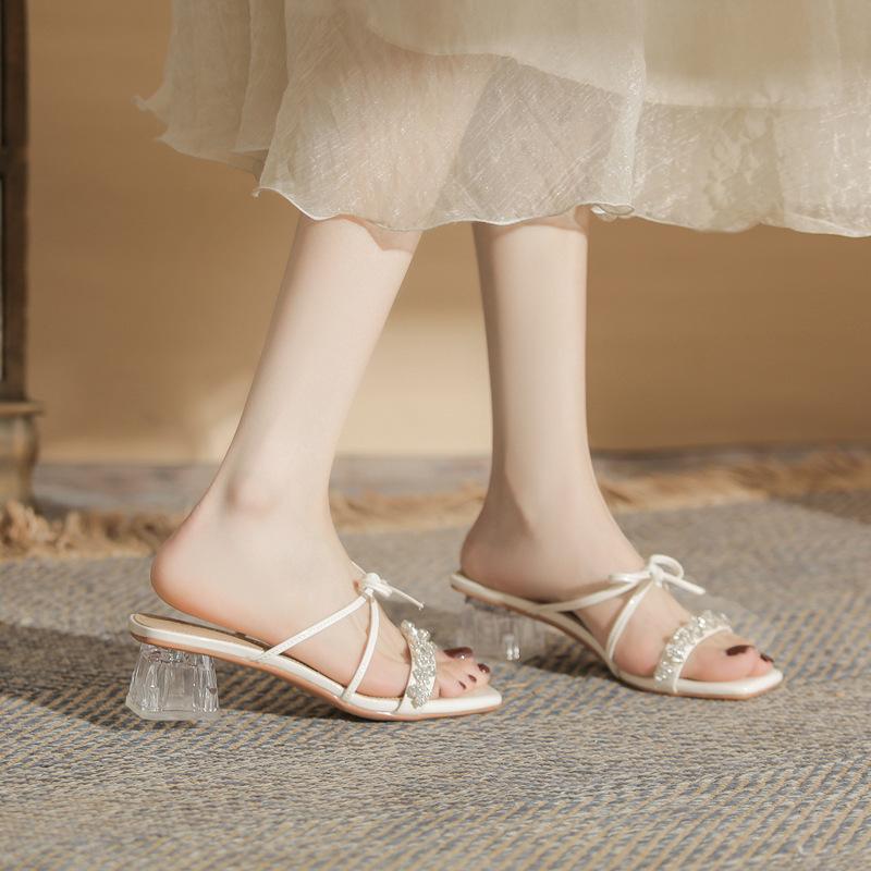 New square head open-toed middle heel fairy style temperament with rhinestone bow crystal heel cool slippers female muller shoes