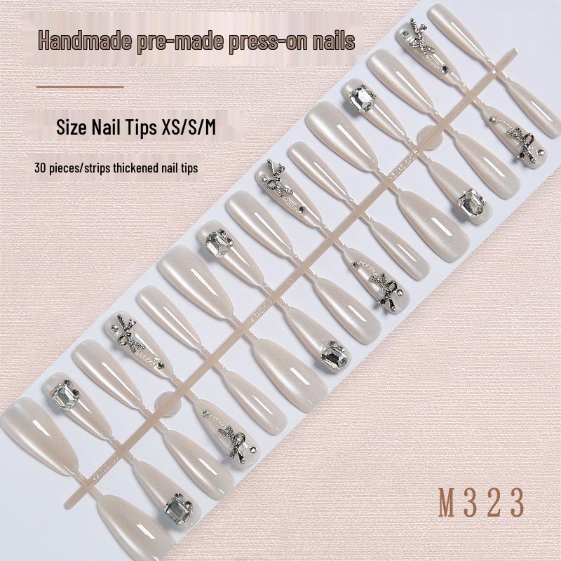 

White Moonlight Cat Eye Nail Stickers: Handmade Wearable Nail Pieces for a Pure Goddess Look.
