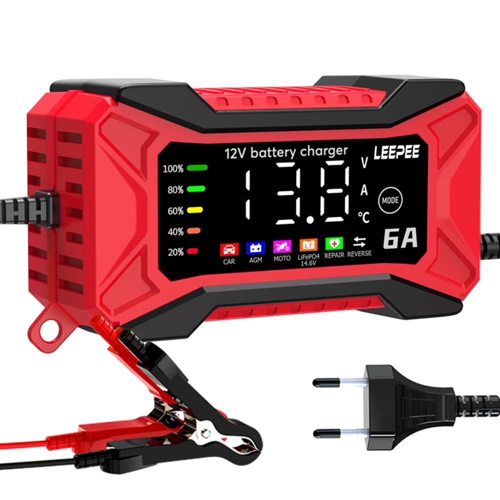 12V 6A Overvoltage Protection Intelligent Pulse Repair Car Battery Charger Voltage Temperature Detection Digital LCD Display