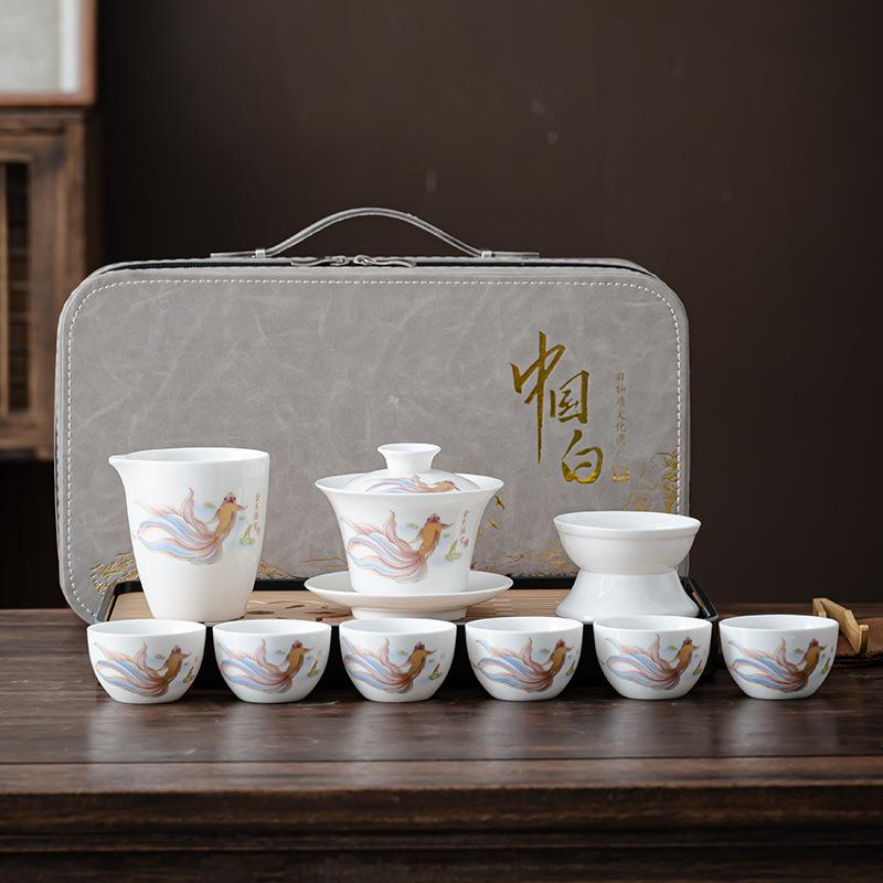 Suet jade white porcelain tea set portable outdoor travel kung fu tea set household cover bowl teacup business gift