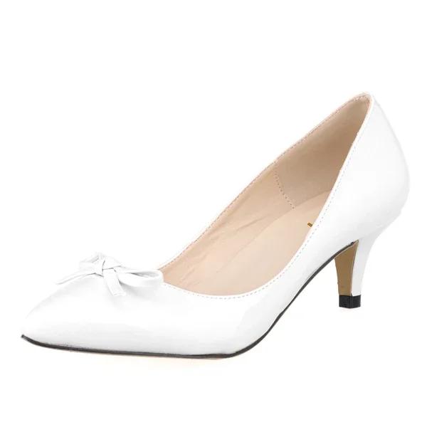 New Women Pumps Sexy 5cm Low Heels Kitten Patent Leather Pointed Toe High Heels Office Work Pumps Bowknot Red Wedding Shoes