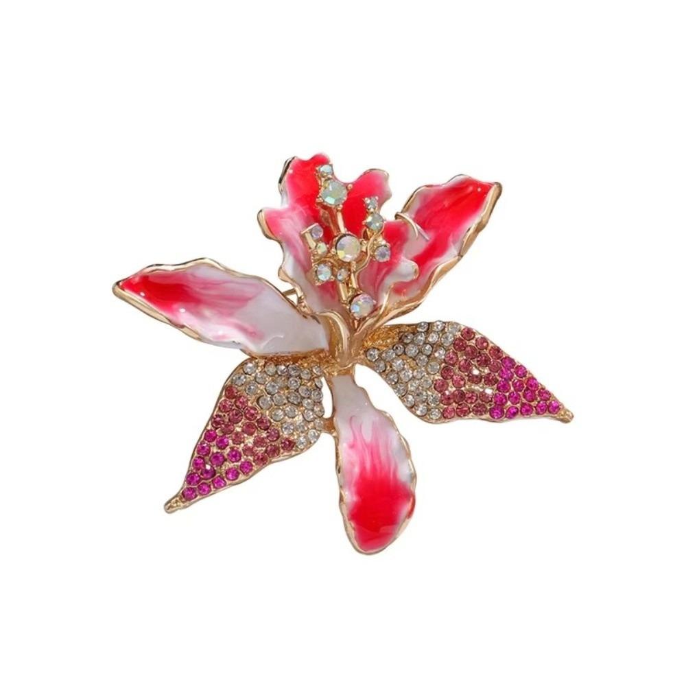 Enamel Orchid Flower Brooch Rhinestone Metal Glossy Brooch Fashion Butterfly Orchid Pin  Banquet красный