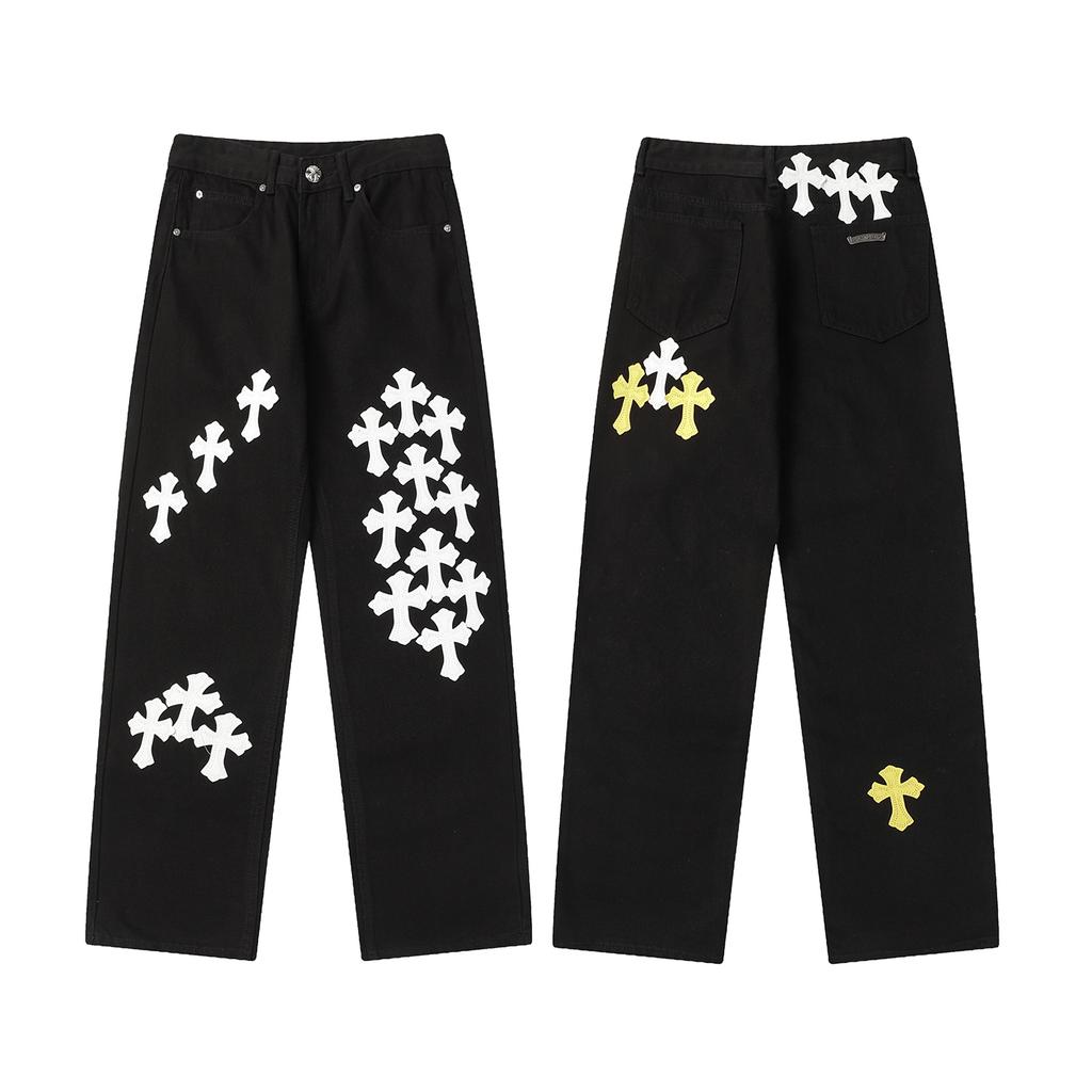 9906 CHROME HEARTS Men's and Women's American Style Trendy Jeans with Fabric Patches, Casual and Fashionable High Street Pants