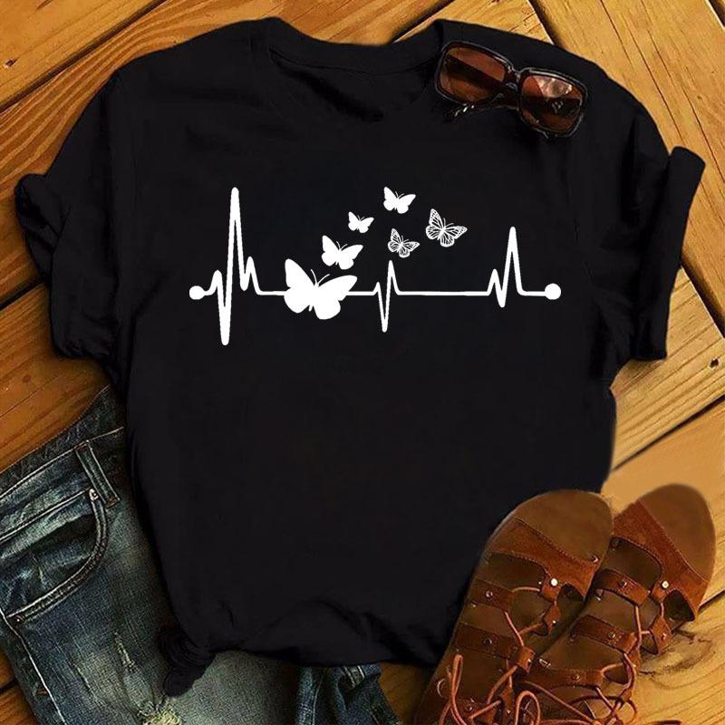 Fashionable Plus Size Color Butterfly Print Simple Base Shirt Loose Fitting Clothes Pure Cotton T-Shirts Women’s