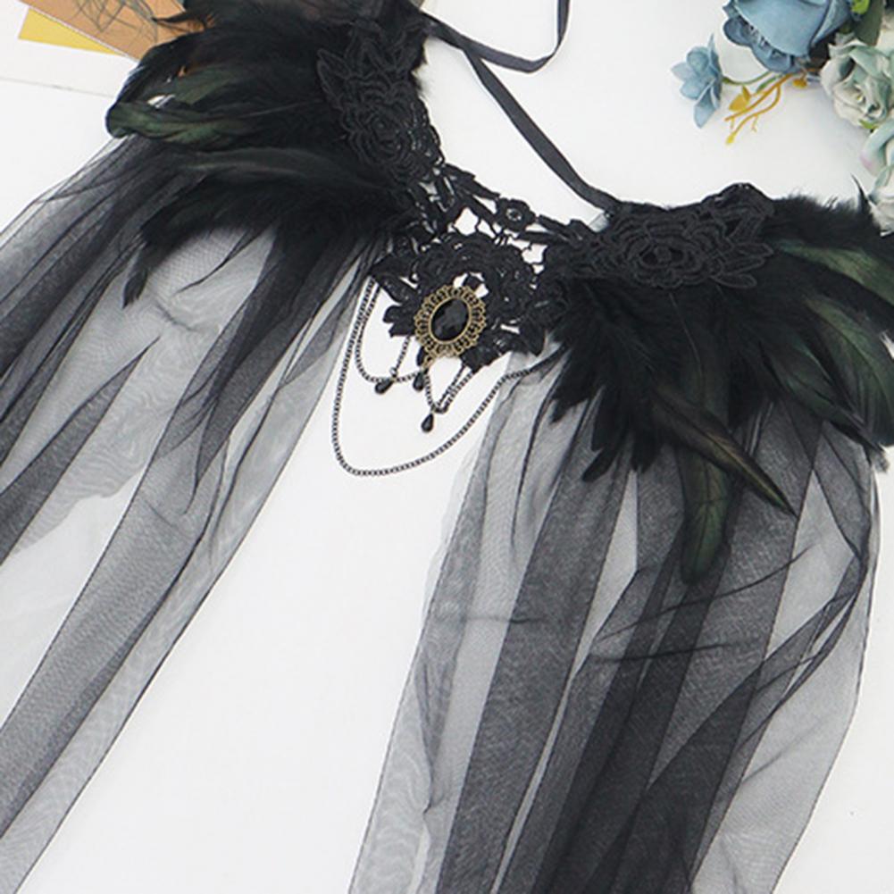 Design Black Yarn Black Tulle Draped Veil Black Feathered Shoulder Wrap Cape with Lace Collar Tulle Veil for Women for Halloween