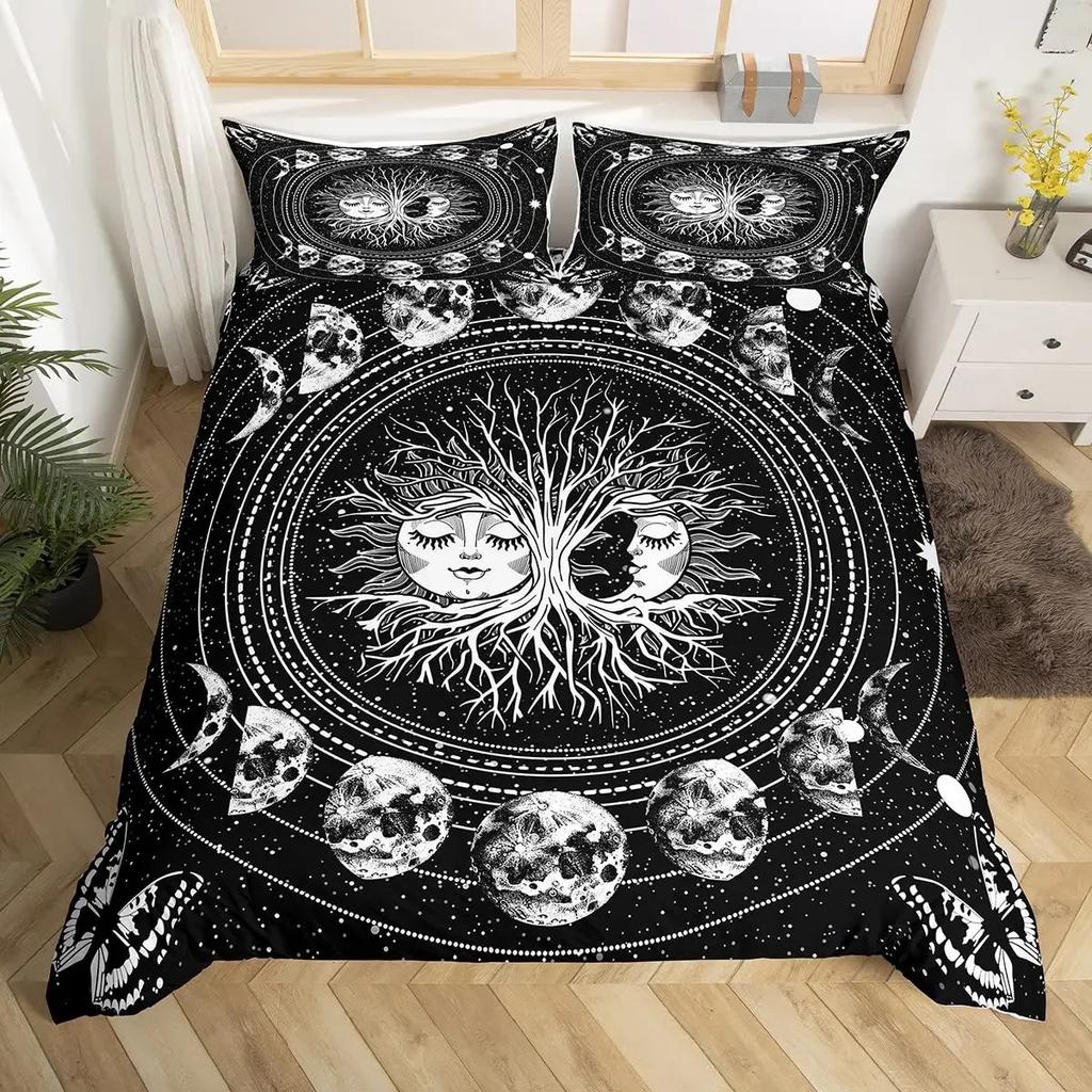 Mandala Duvet Cover Set Sun And Moon Comforter Cover Ties Exotic Style Black And White Botanical Floral Polyester Bedding Set