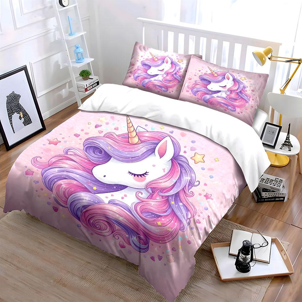 Dreamy Unicorn In Pink And Purple Print Bedding Set 1 Duvet Cover 2 Pillowcases For Adult And Children Luxury Gift Full Size