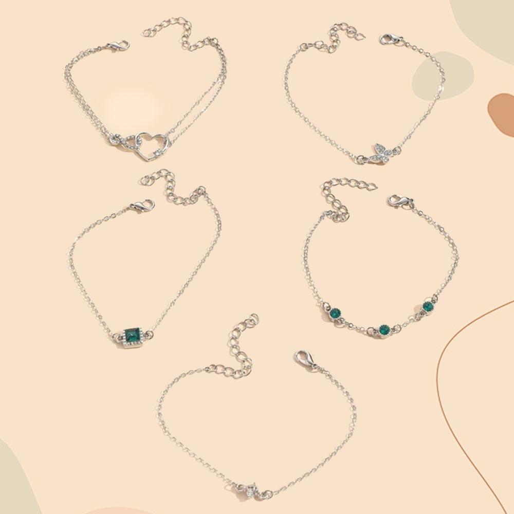 5 Piece Set Of Ladies Fashionable And Elegant Jade Sparkling Square Butterfly Heart Bracelet Wedding Birthday Zircon Gift Party