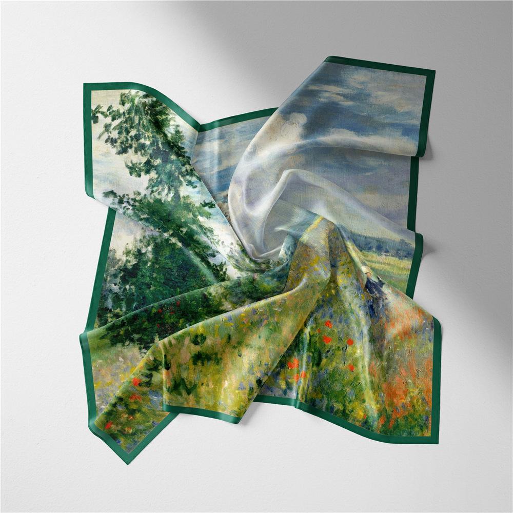 53CM Silk Scarf Woman Sea Of Flowers Painting Square Scarves Wraps Bandana Small Hijab Silk Foulards Tie Headband Neckerchief