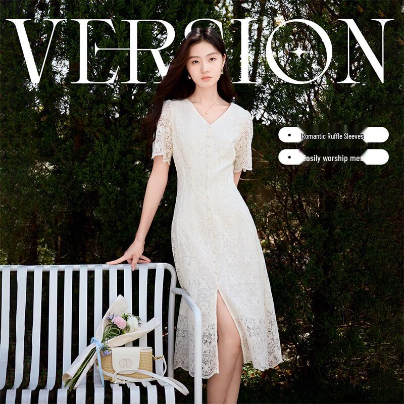 Xiangying Women's French Style Lace V-Neck Crochet Dress