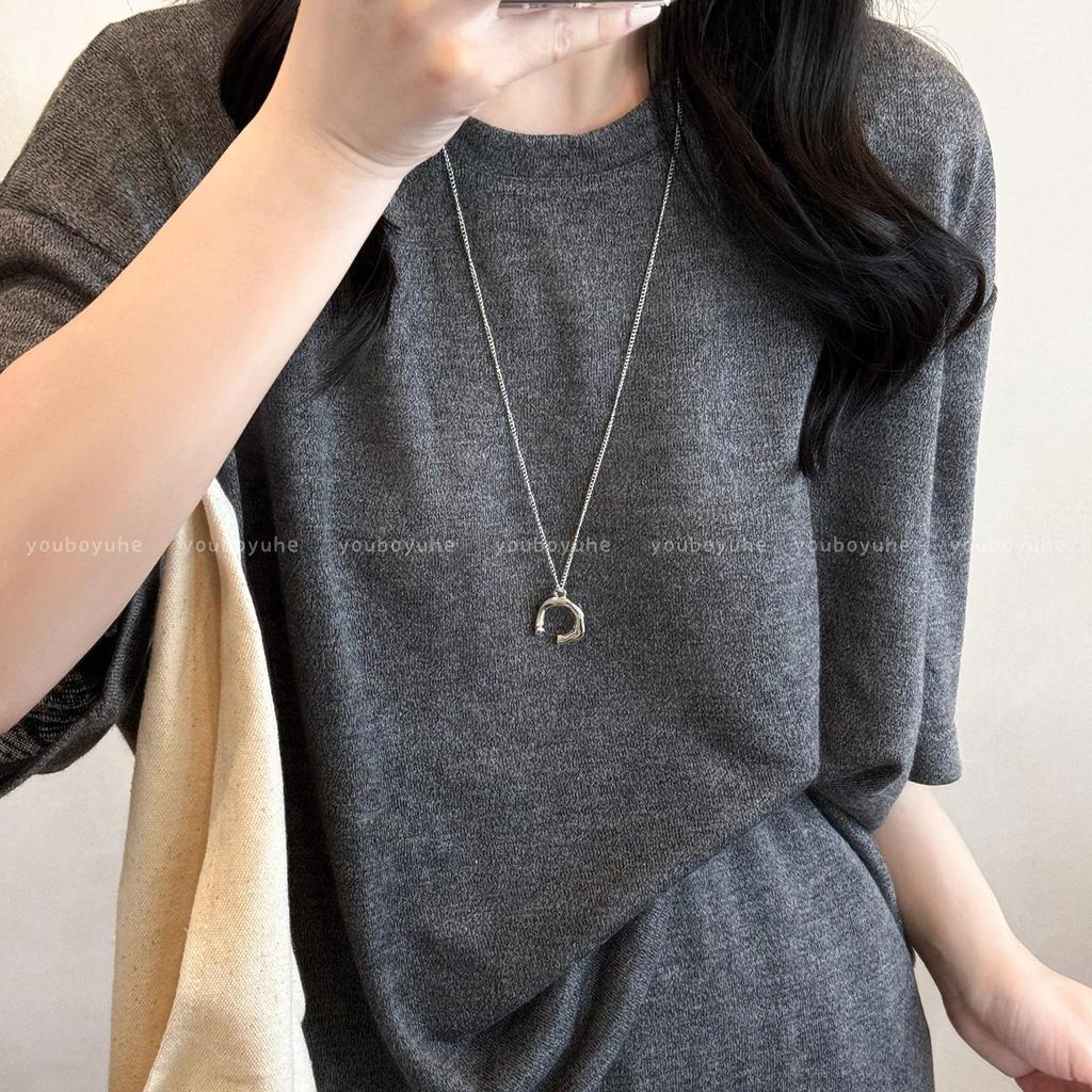 Koreanische Silber Geometrischer Anhänger Lange Halskette - Vielseitige Alltags-Pulloverkette für Frauen