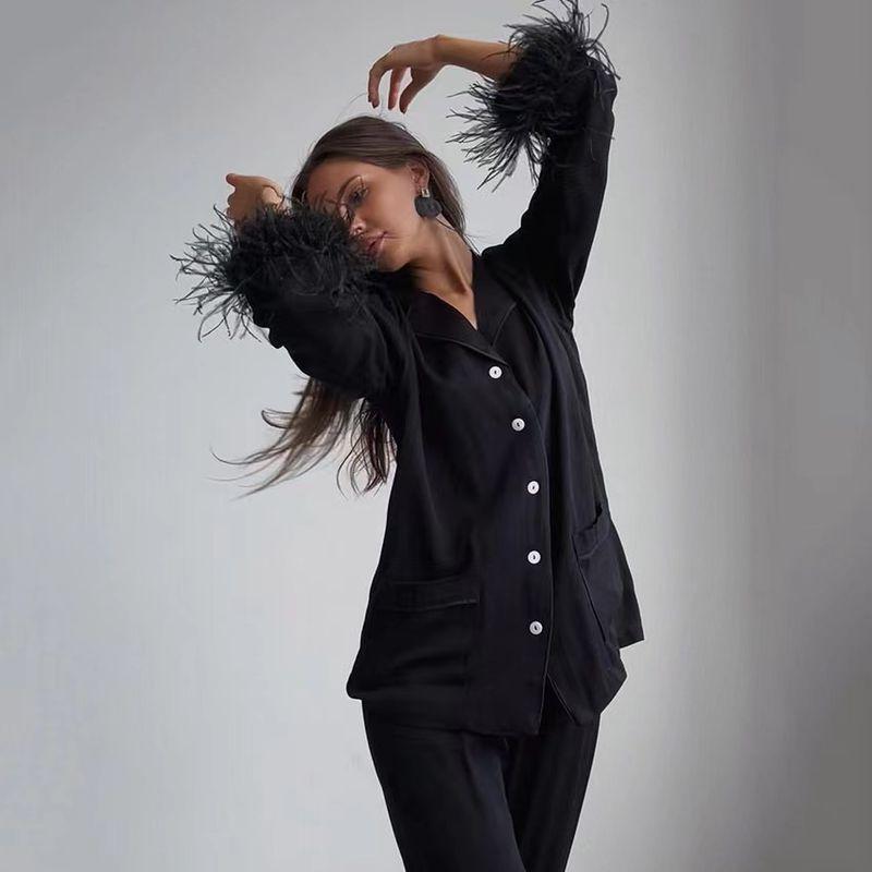 Fashion Style Long Sleeves Feather Coat Pants Suit Homewear Splice Feather Top Pants Set
