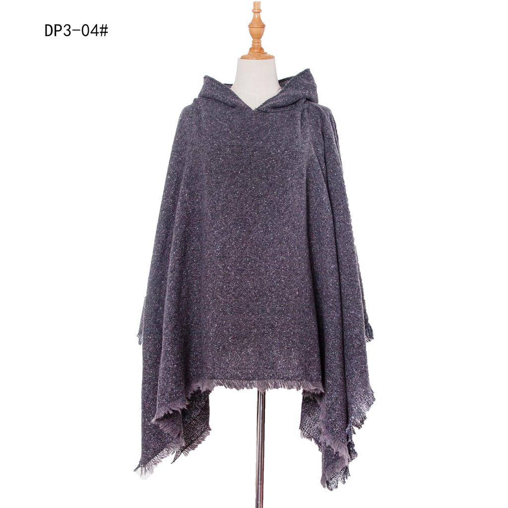 European & American Women’s Black Hooded Pullover Cape with Floral Shawl Clip, Suitable for Spring, Autumn, and Winter