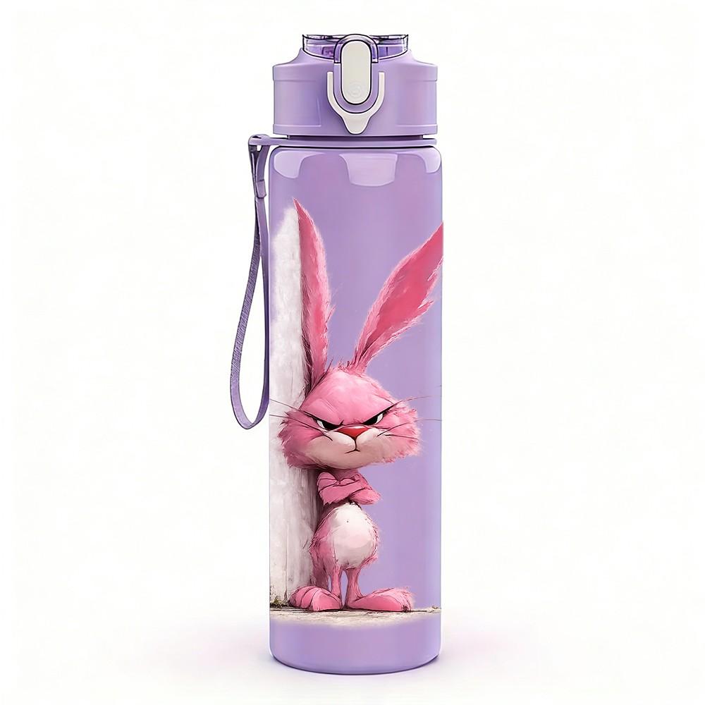 1PC Pink Long Ear Bunny Cartoon Print 750ml Color Plastic Sports Water Bottle Leakproof Flip Straw Lid Suitable for Sports Office Home Use