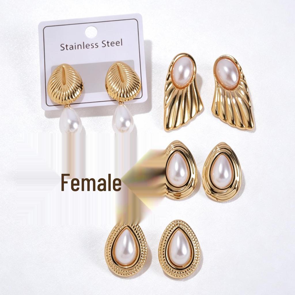 Ocean Series Stainless Steel Pearl Stud Earrings with Vacuum Electroplating