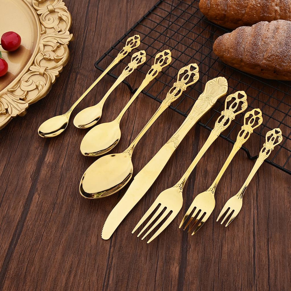 20Pcs Gold Stainless Steel Cutlery Set Royal European Spoon Fork and Steak Knife Retro Hollow Design Dinnerware Luxury Tableware