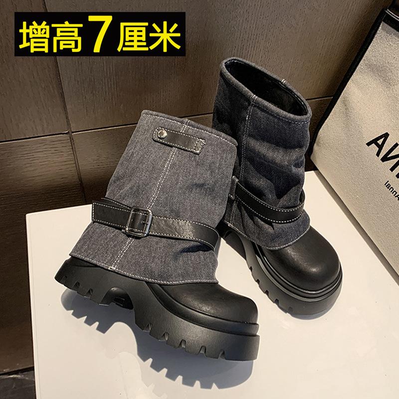 [Fanfna] Thick-soled trouser tube boots women's pile boots 2025 autumn new western cowboy short boots big head Martin boots