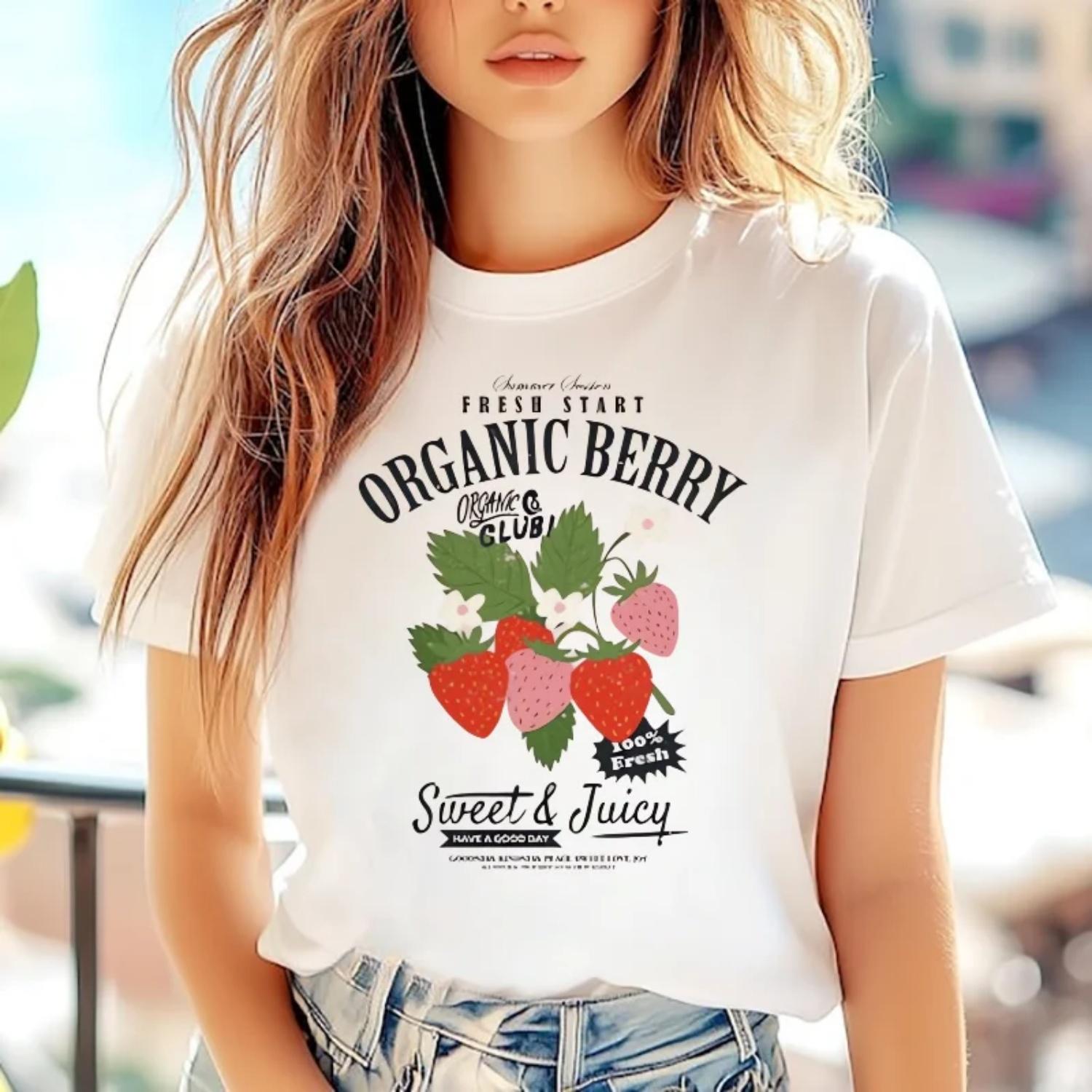 

Women s Short Sleeved Fashion Versatile 90s Casual Style Watercolor Strawberry Print Pattern T-Shirt Printed Top Clothing T-Shir XXXXXL