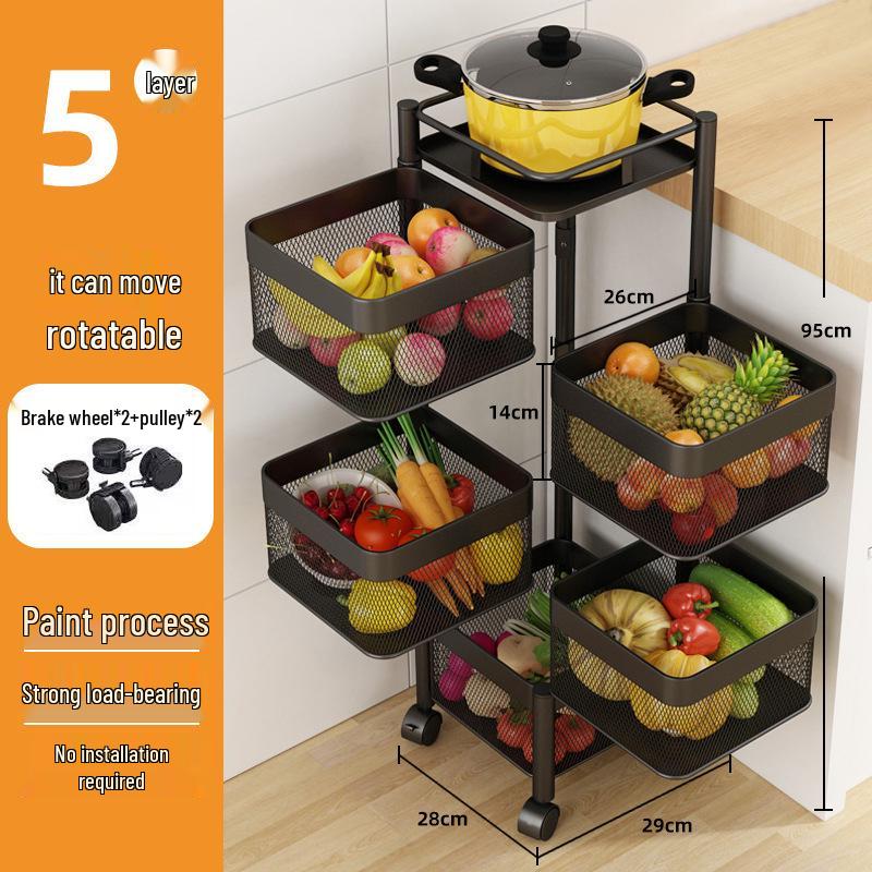 Kitchen Floor-Standing Multi-Layer Snack, Fruit & Vegetable Rotating Storage Trolley