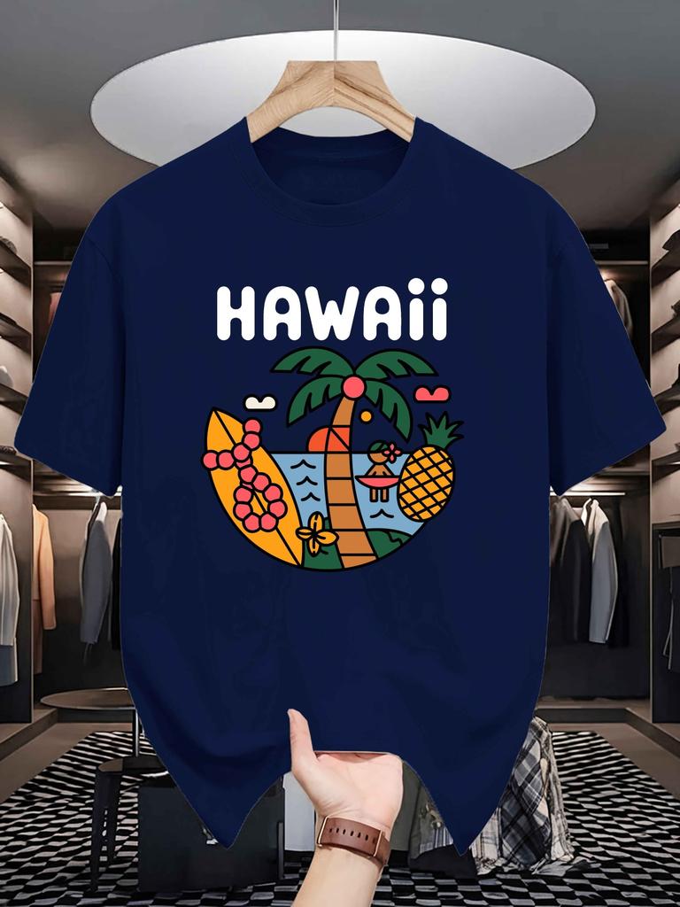 Unisex Crew Neck Tee Hawaii Tropical Beach Scenery Graphic Print Soft Cotton Loose Short Sleeve Summer Casual Male Streetwear Tops