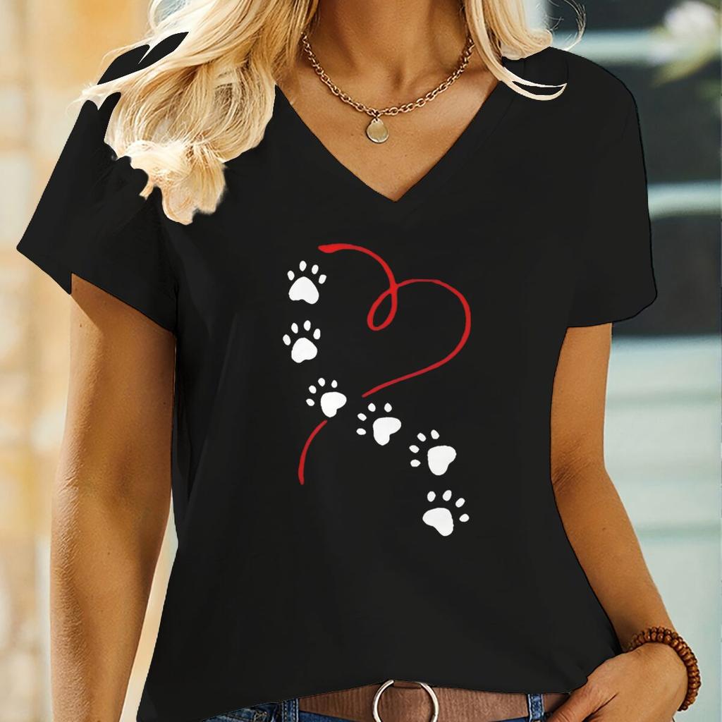 Dog Lover Harajuku Fashion Tops Heart Dog Paw Prints Tshirt Female Animal Heart Graphic Tshirts Ladies Casual Tops