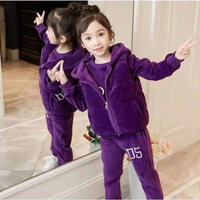 Conjunto de Três Peças Infantil para Meninas de Inverno Jaqueta de Veludo + Moletom com Capuz + Calça Roupa de Treino Criança Adolescente 8 -12 Anos