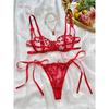 European and American Style Lace Embroidery Perspective Underwear Set, Sexy Straps Gather Bra, Thong, Fun Two-piece Set