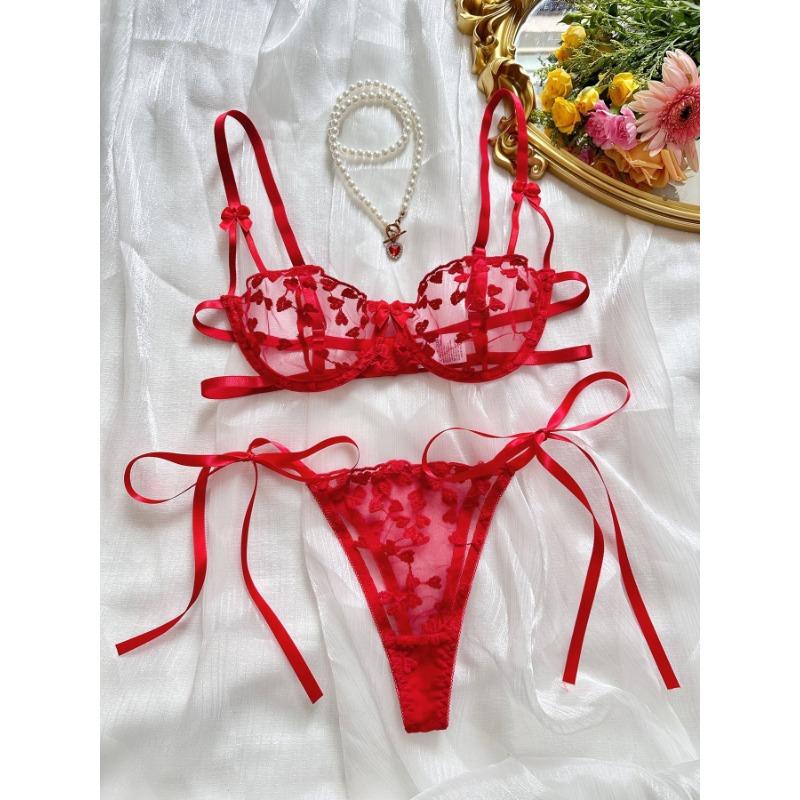 European and American Style Lace Embroidery Perspective Underwear Set, Sexy Straps Gather Bra, Thong, Fun Two-piece Set