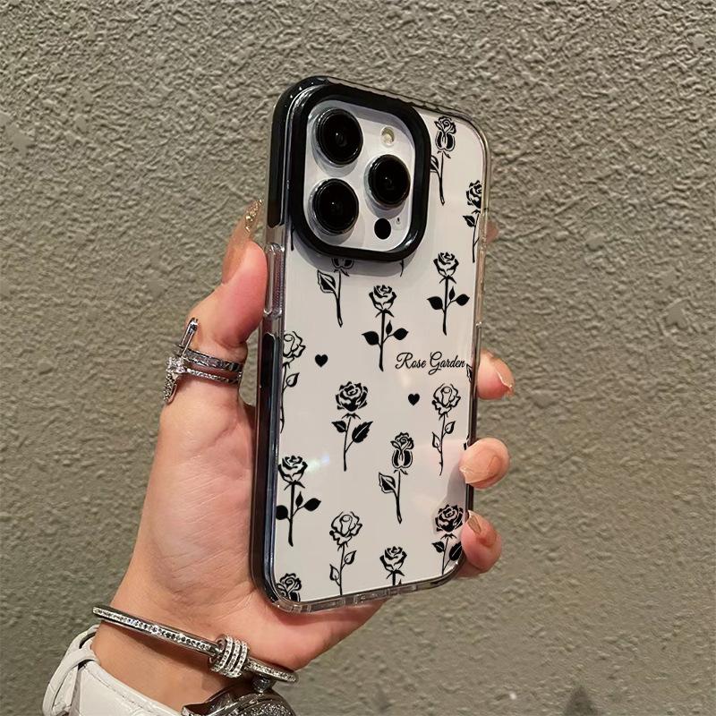 Ins wind black rose mobile phone case premium sketch flower iPhone17 promax anti-drop protective case