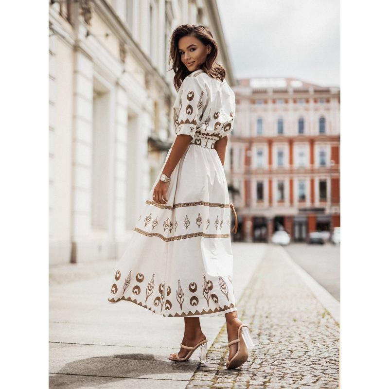 European and American Cross-Border New Short Sleeve Positioning Flower Linen Belt Mid-Length Shirt Dress