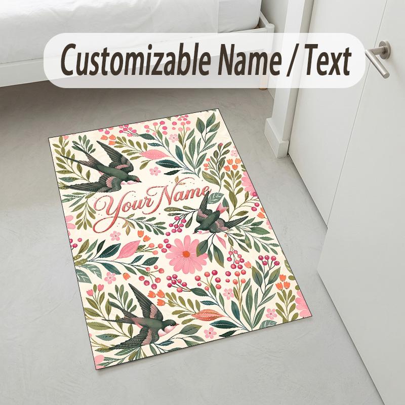 Floral Theme Soft Crystal Velvet Rug Custom Name & Text Print Non Slip Floor Rug for Bedroom Living Room
