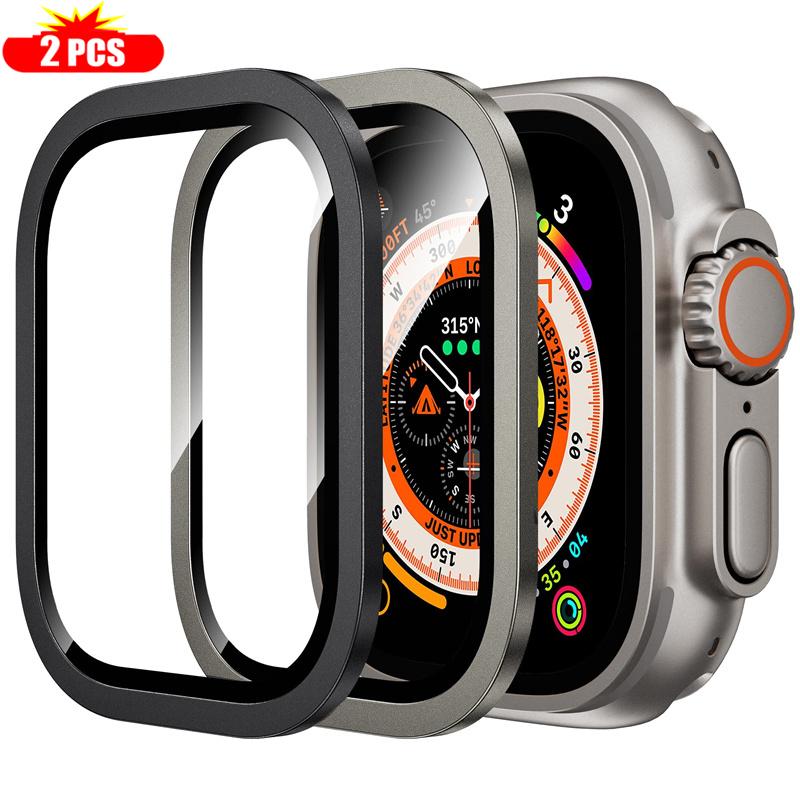 2 Stück gehärtetes Glas für Apple Watch Ultra 49mm Titan Metallrahmen Kratzschutzfolie Serie Ultra 2 Displayschutz Zubehör