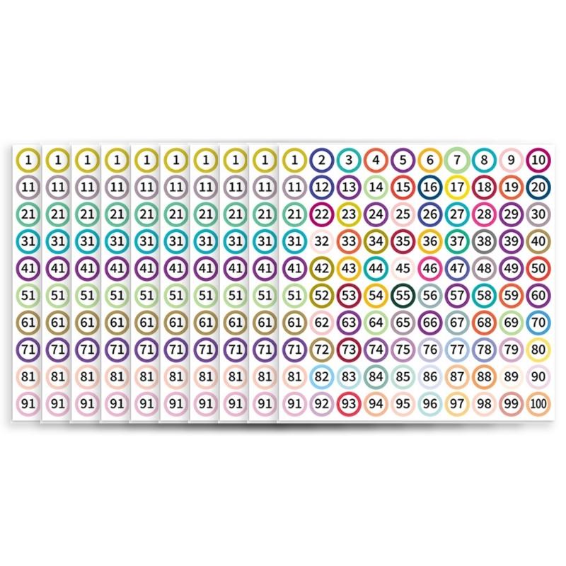 10 Sheets Consecutive Number Sticker 1-100 Adhesive Colorful Dot Numbered Labels for Classroom Office Home Organization