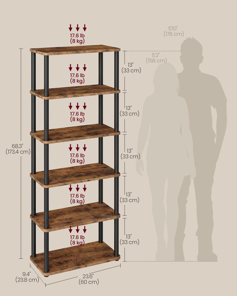 VASAGLE Super schnelle werkzeuglose Montage, 6-stufiges Lagerregal, Standregal, 23,8 x 60 x 173,4 cm, Wohnzimmer, Schlafzimmer, Küche