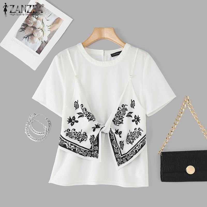 ZANZEA Women Summer Print Patchwork Casual Round Neck Short Sleeve T-Shirts