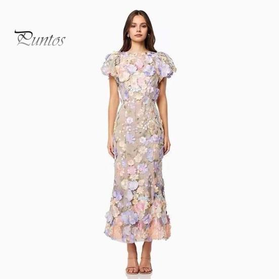 Women Fishtail Dress Round Neck Puff Short Sleeve Embroidered 3D Flower Decor Midi Dress Hip Wrapped Long Dress