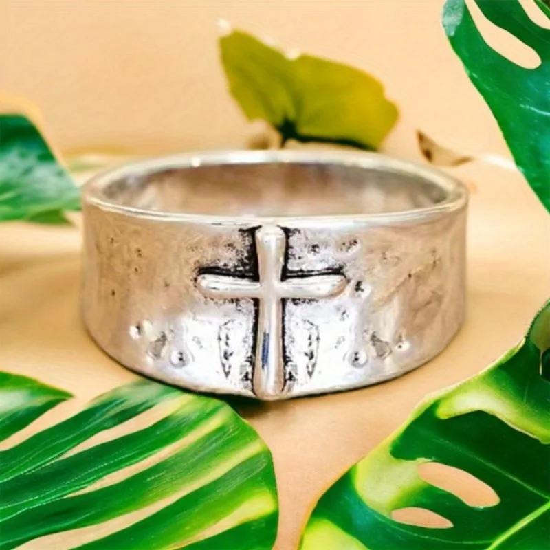 Silver Cross Ring Wide Face Retro Design Adjustable Unisex Jewelry Vintage Bold Fashion Men Women's Ring Gift Popular Gothic